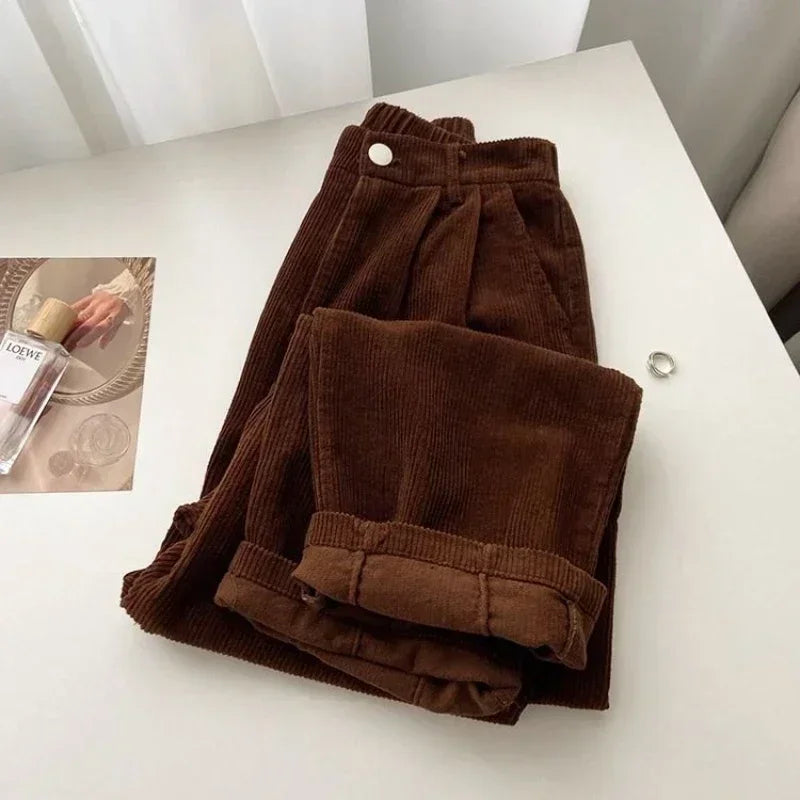 Hnewly Retro High Waist Corduroy Pants Women Spring Fall Straight Causal Full Length Trousers Korean Fashion Baggy All Match Black Pant