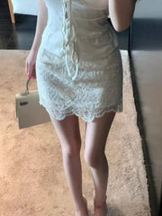 Hnewly  Streetwear Solid Lace Embroidery Mini Skirts Harajuku Women Hollow Out Y2k Aesthetic Skirt Summer Vintage Sweet Basic Faldas