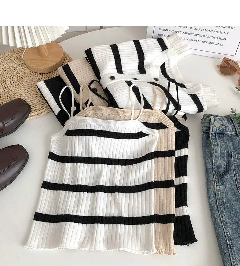Hnewly  Women's Striped Knitting Cardigan Single Breasted Long Sleeved Sweater+Spaghetti Straps Vest Spring Autumn Korean Top 2pcs