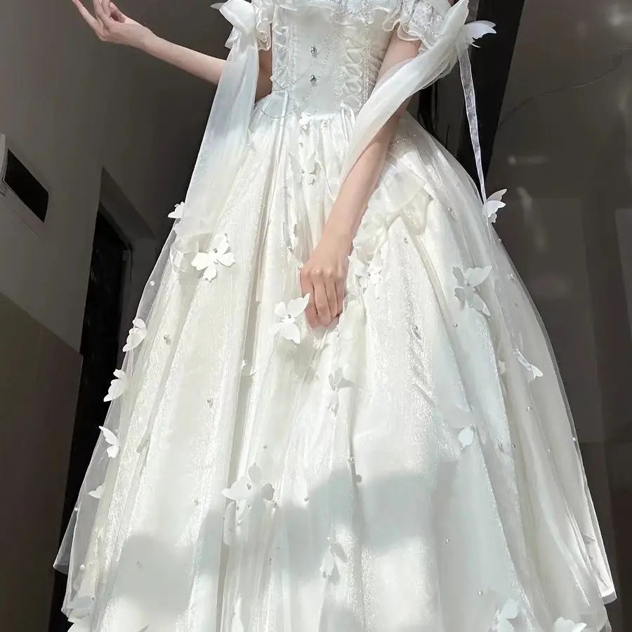 Hnewly  Lolita Goddess Fairy Dress New Spring Summer Beads 3d Butterfly White Long Dress Beach Vacation Elegant Dress