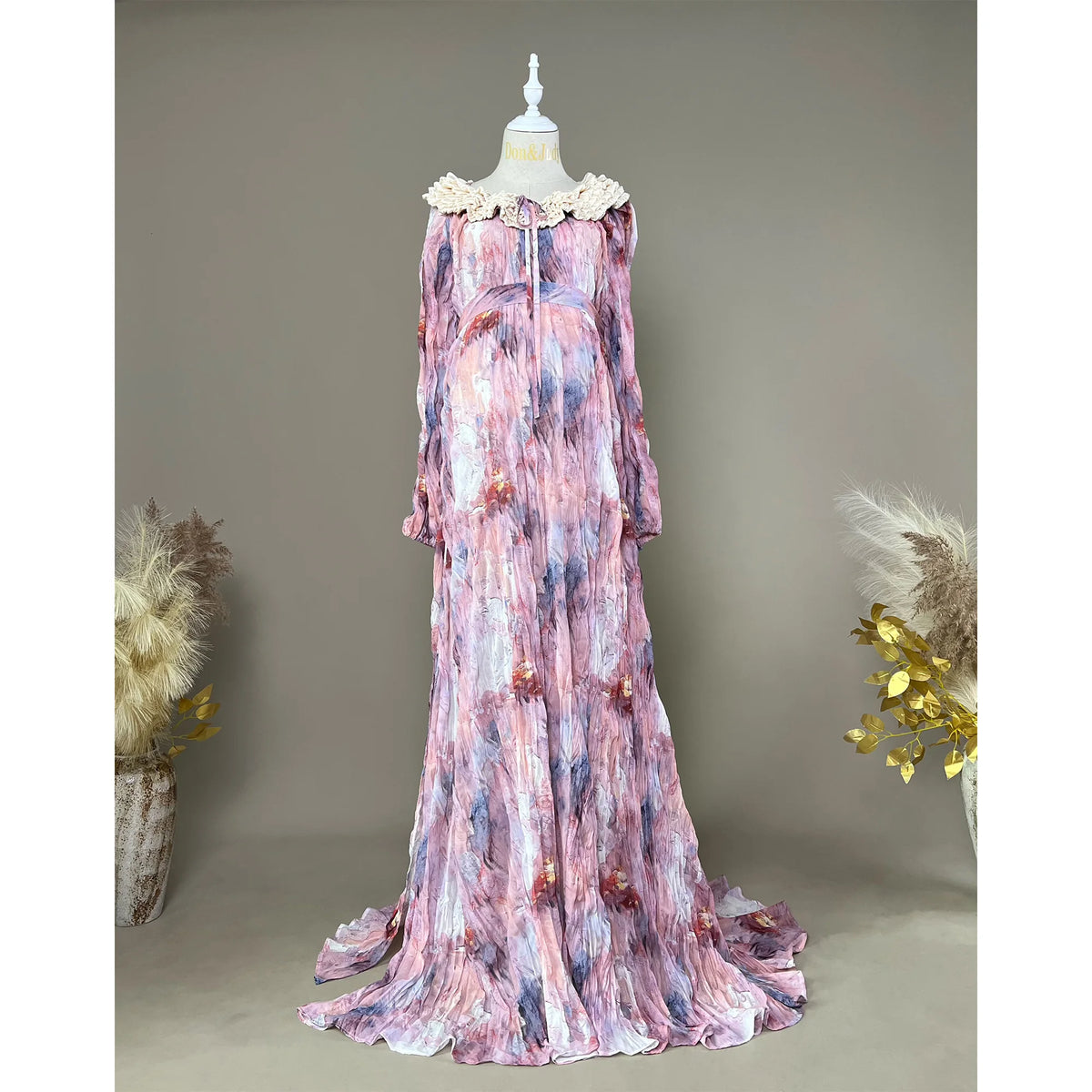 Hnewly  Tie Dye Purple Pleated Chiffon Maternity Photography Dress Elegant Long Sleeve Party Evening Gown Babyshower Photoshoot