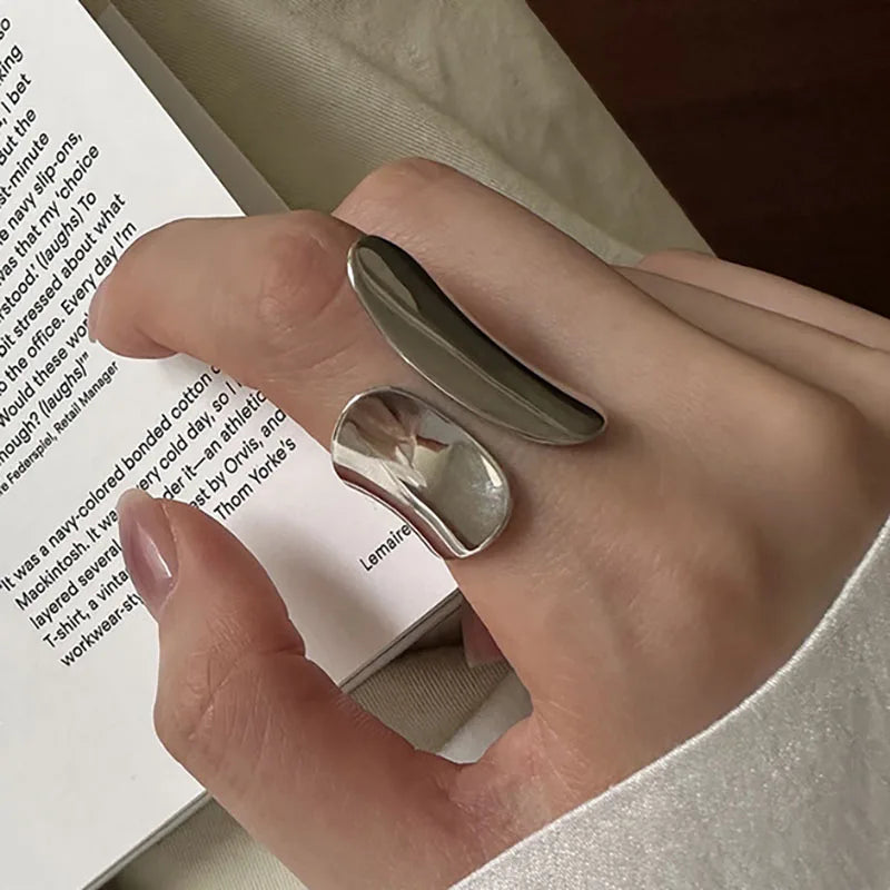 Hnewly Minimalist Silver Color Cuff Rings for Women Couples New Fashion Creative Smooth Pattern Geometric Party Jewelry Gifts