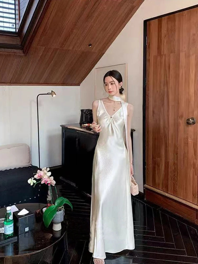 Hnewly Elegant Satin V Neck Dress Women Y2K Korean Chic Ribbon Slim Midi Dress Summer Sexy Hollow Out Folds Sleeveless Vestidos Mujer
