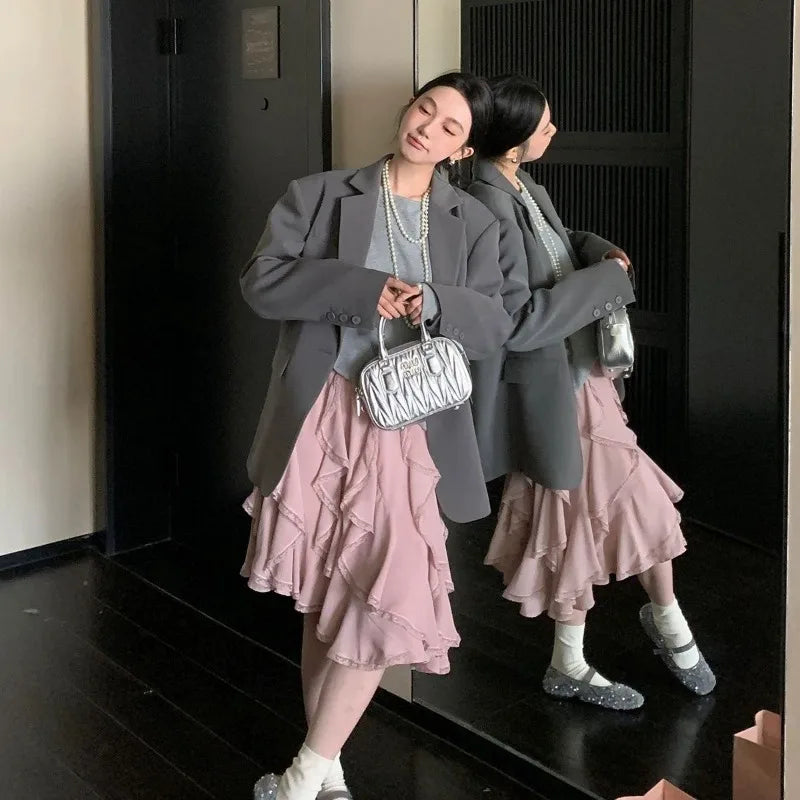 Hnewly  Women Pink Ruffled Skirts Elegant Korean Style High Waist Elastic Waist Asymmetric Lace Layered Short Skirts Mesh Skirt