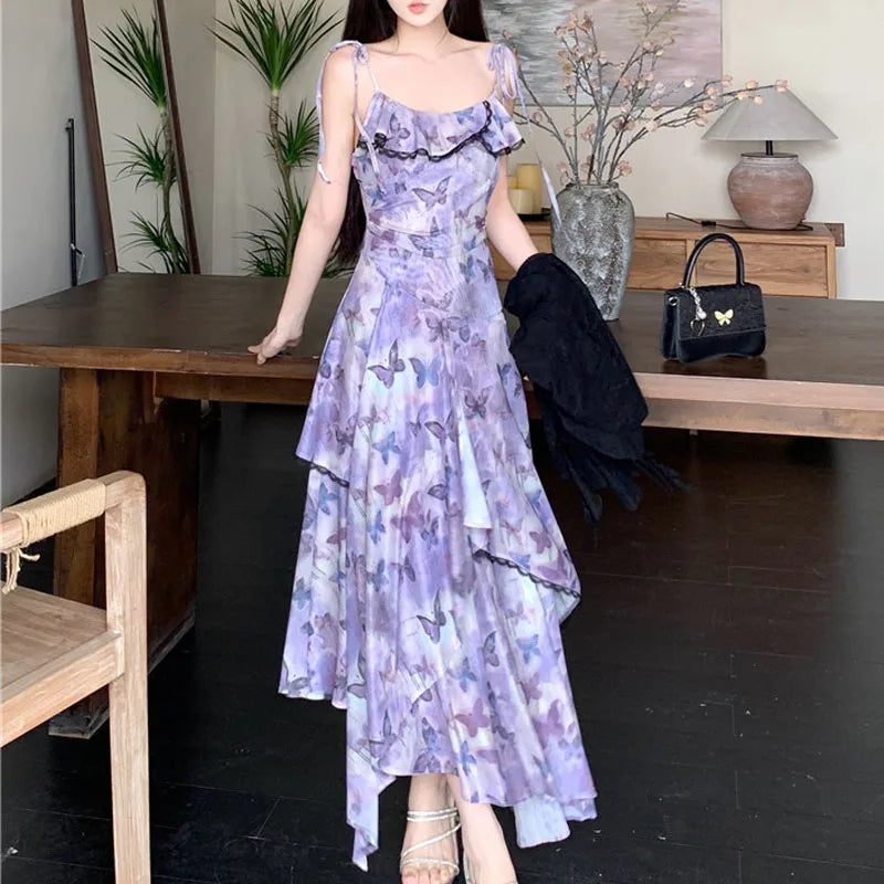 Hnewly  Spring New Women French Sleeveless Retro Camisole Dress Irregular Mesh Printed Dress Slim Ruffles Long Fairy Dress