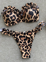 Hnewly  Leopard Ruffled Bra Cup Bikini Women Bandeau Swimsuit Female Swimwear Two Pieces Bikini Set Push Up Bathing Suit Swim Lady
