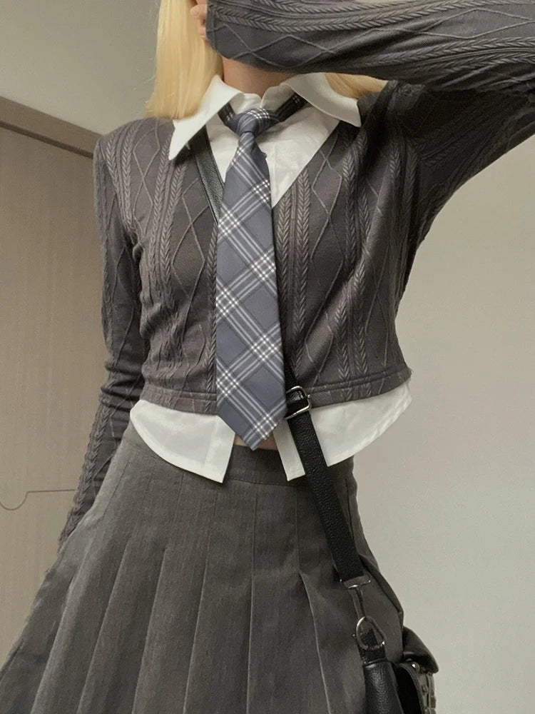 Hnewly BACK TO SCHOOL OUTFIT Preppy Style Lapel Patchwork T-Shirt and Tie Japanese JK Casual Crop Tops Women Long Sleeve Knitted Tee Shirts Korean