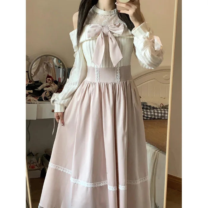 Hnewly  Sweet Butterfly Knot Lace Waist Long Dress Women's Style Pink Color Autumn Fashion Gentle Breeze Off-Shoulder Gown High Waist...