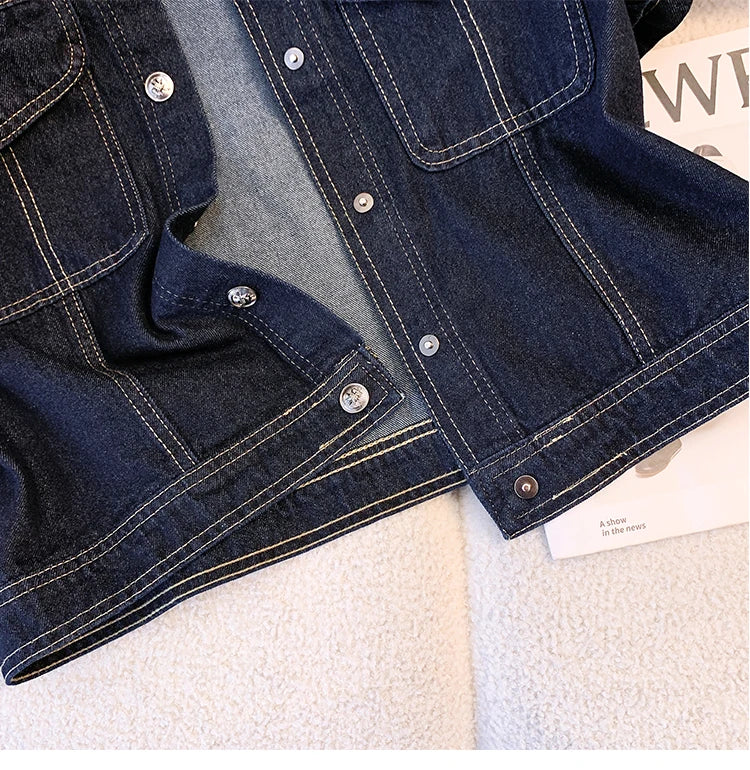 Hnewly  Deep Blue Short Sleeve Denim Jacket For Women Spring/Summer Lapel  Single Breasted Korean Loose All-Match Short Casual Top