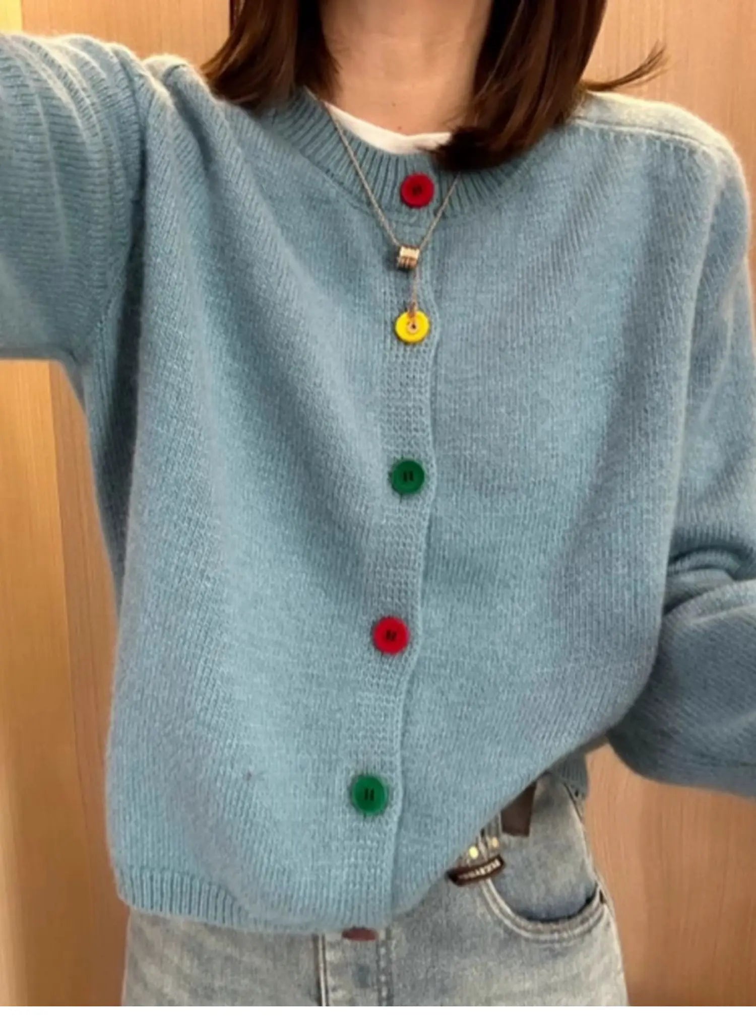 Hnewly  Rainbow Single Breasted Sweater O-neck Knitted Cardigan Korean Sweet Spring  Autumn New Lazy Style Long Sleeve Pink coat