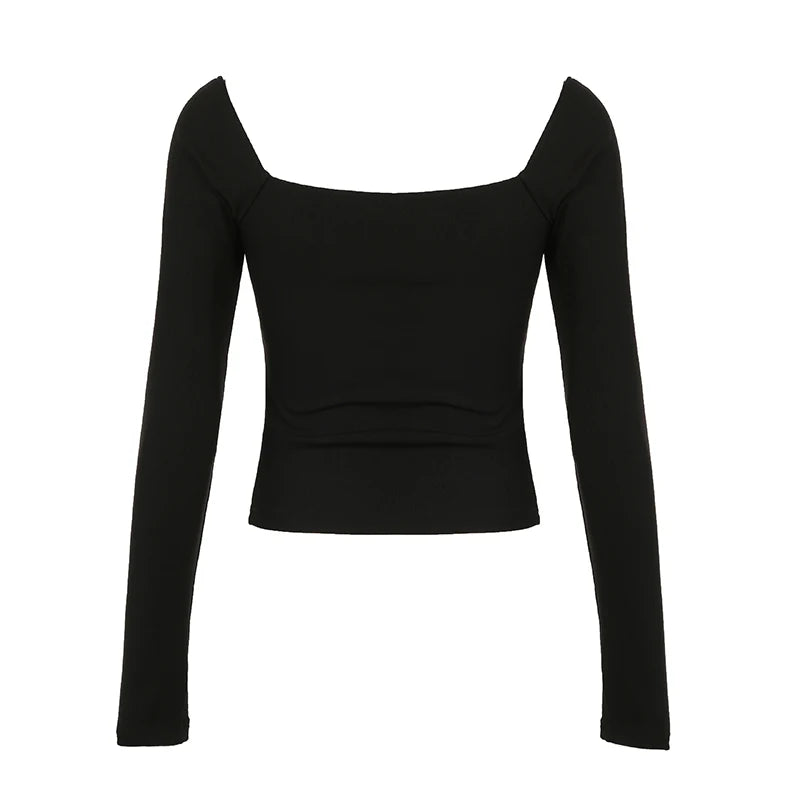 Hnewly y2k Bandage Bow Cropped Top Cute Coquette Square Collar Vintage T Shirt Fall Spring Casual Basic Top Women Tees Aesthetic