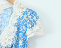 Lunivop  Women Retro French Style Blue Floral Print Spliced Lace V neck Short Sleeve Dress Summer Viscose Cotton Long Dresses Vestidos