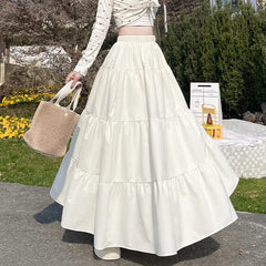 Hnewly  Korean Style Elastic High Waist White Skirt for Women Summer Loose Pleated Long Skirts Woman Vacation A Line Umbrella Skirt