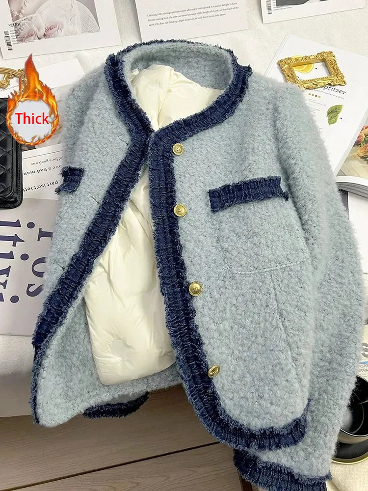 Hnewly  Sweet Thick Warm Tweed Jacket Women O Neck Long Sleeve Winter Cotton Coat Elegant Fashion Patchwork Korean Chic Outwear Top