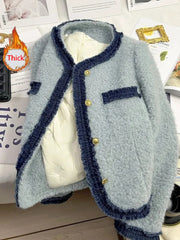 Hnewly  Sweet Thick Warm Tweed Jacket Women O Neck Long Sleeve Winter Cotton Coat Elegant Fashion Patchwork Korean Chic Outwear Top