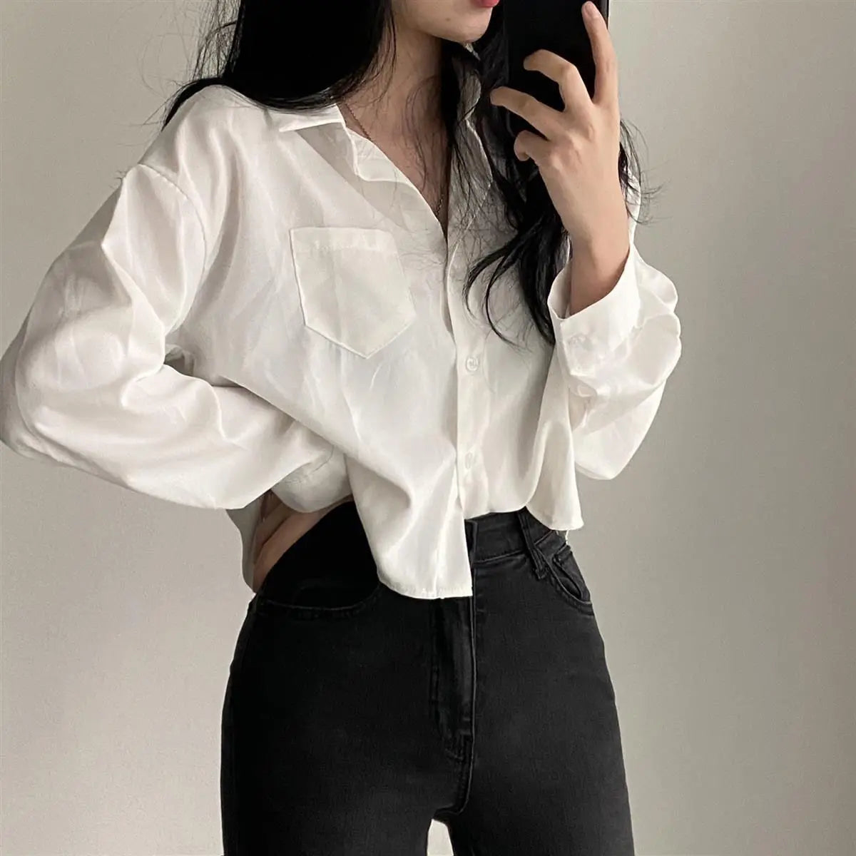 Hnewly Shirts Women Korean Style Vintage Fashion Turn-down Collar All-match Design Single Breasted Crop Top BF Ladies Harajuku Leisure