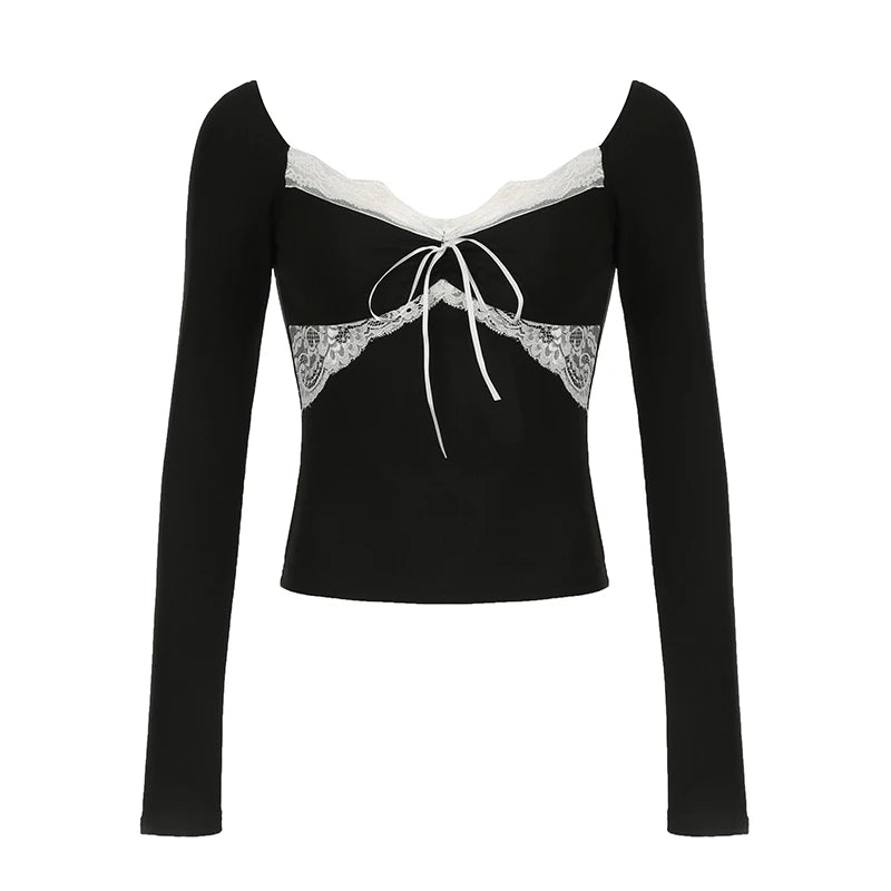 Hnewly y2k Bandage Bow Cropped Top Cute Coquette Square Collar Vintage T Shirt Fall Spring Casual Basic Top Women Tees Aesthetic