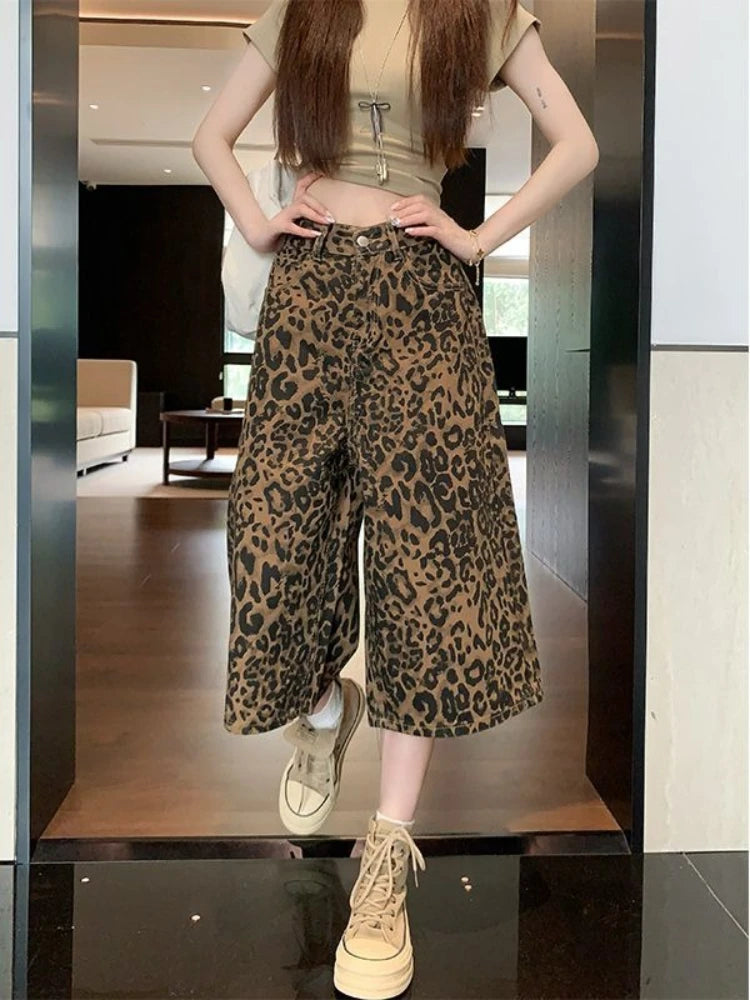 Hnewly  Women's High Waist Leopard Print Denim Shorts Summer Thin Baggy Wide Leg Pants Vintage Streetwear Cropped Trousers