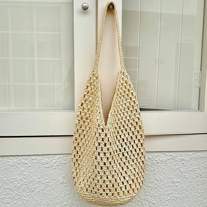 Hnewly  Trendy Handmade Summer Beach Tote Bags Crochet Knitted Hollow Handbag Shopping Bags For Women