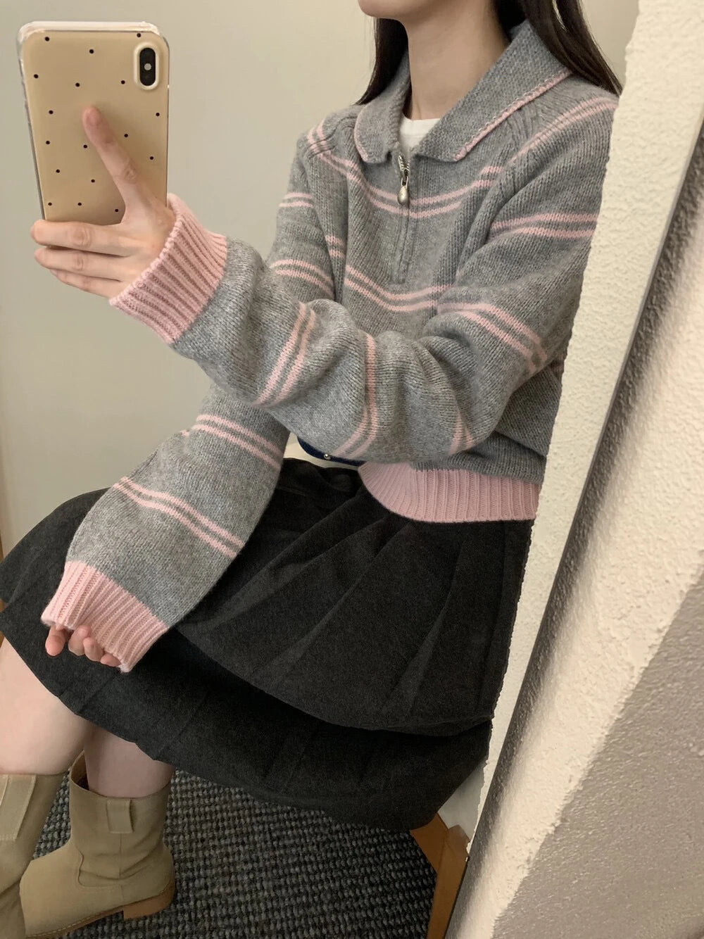 Hnewly  Stripe Short Sweater Women's Korean Style Autumn Winter 2025 New Fashion Contrast Color Knitwear Long Sleeve Pullover Tops