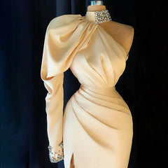 Hnewly  Elegant One Shoulder Mermaid Evening Dress Sexy High Side Slit Long Sleeves Dubai Sparkly Crystal Beading Women Prom Gowns