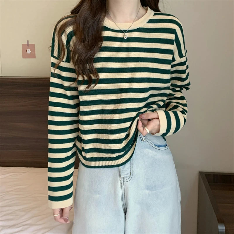 Hnewly  Women's Striped T-shirt Basic Tops Spring Autumn Fashion Color Contrast Loose O-neck Long Sleeve knitting Sweater