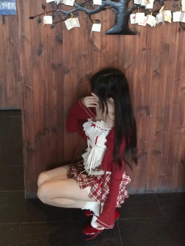 Hnewly Kawaii Lolita Style Sweet 3 Piece Set Woman Cute Short Cardigan Bow Floral Vest Y2k Plaid Mini Skirts Female Korean Fashion Suit