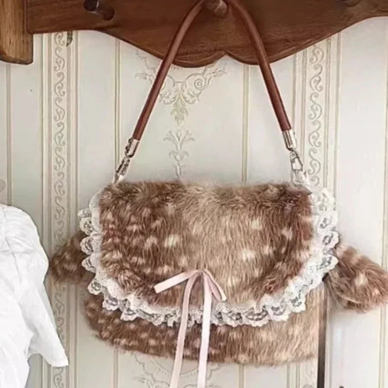 Hnewly  Sweet Y2k Aesthetic Fluffy Handbags Fairy Bandage Bow Women Underarm Bag Faux Fur Fashion Chic Shoulder Bags Korean Casual