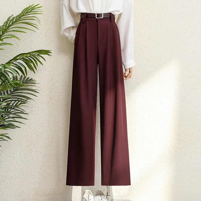 Hnewly Spring 2025 New Burgundy Suits Pants for Women Office Lady Elegant High Waist Wide Leg Fashion Trousers with Pockets Black Gray