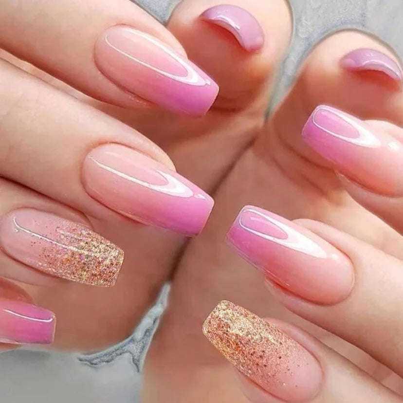 Hnewly 24Pcs Gradient Pink Fake Nails with Glue Mid-length Ballet False Nails  Sequins Design Press on Nails Wearable Press on Nails