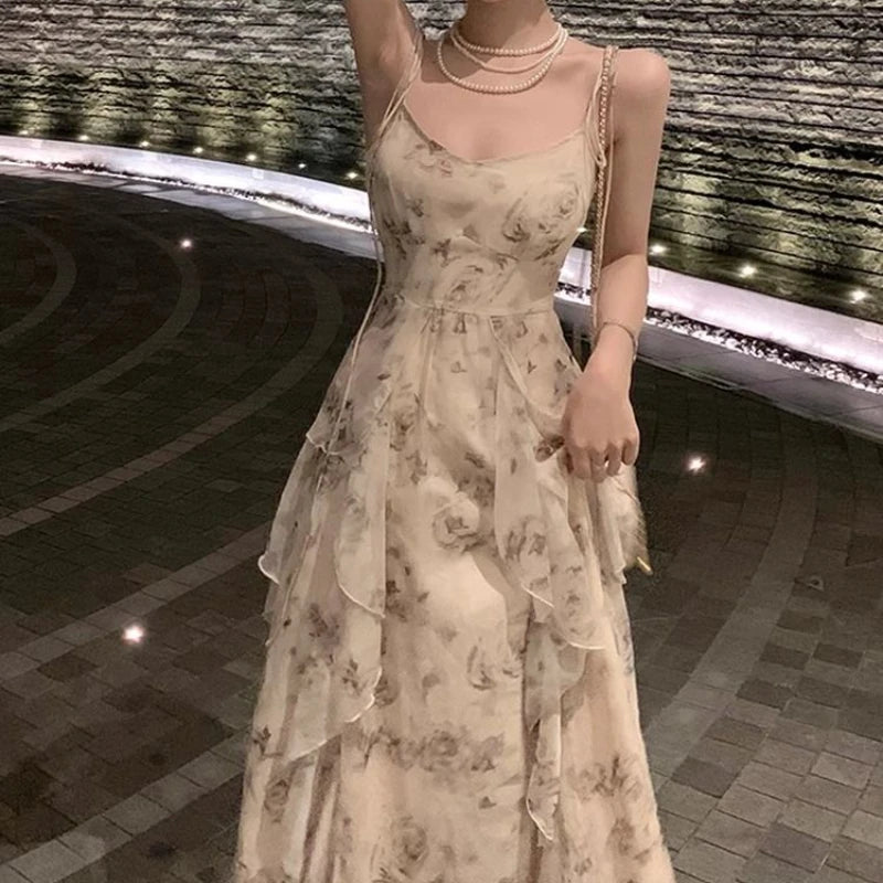 Hnewly Elegant Holiday Dresses for Women Long Floral Chiffon Midi Dress Sleeveless Vintage Dress Fairy Slim Party Casual