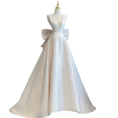 Hnewly  Retro Satin V-neck Wedding Dress With Simple Temperament Engagement Birthday Dress Backless Bow Big Tail Customized