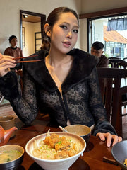 Hnewly  Cutenew Furry Patchwork T-Shirt Women Coquette Sexy Jacquard V-Neck Full Sleeve Stretch Skinny Midnight Trend Club Streetwear