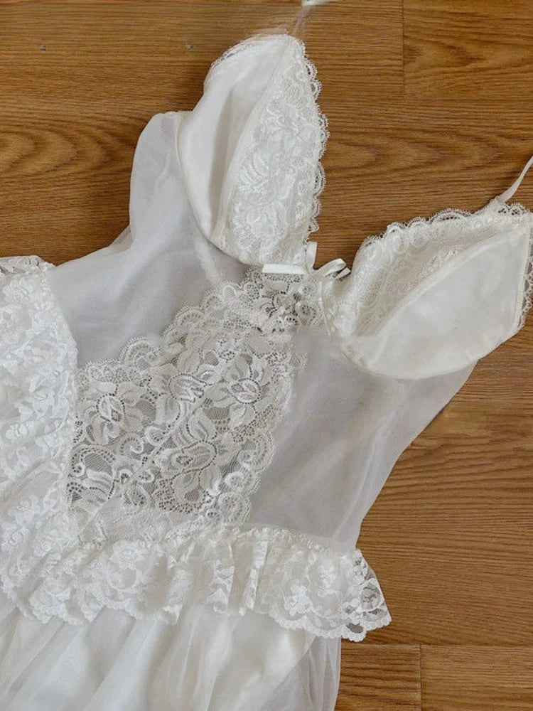 Hnewly  Autumn White Fairy Vintage Sweet Dress Women Mesh Lace Sexy Casual Korean Dress Female Patchwork Designer Princess Dresses