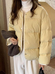 Hnewly  Sweet O Neck Cute Parkas Women Long Sleeve Preppy Style Warm Cotton Coat Japan Casual Female Solid Thick Warm Retro Jacket