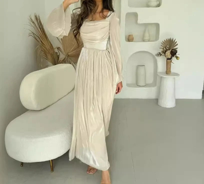 Hnewly  French Retro Style for Women Summer A-Line Skirt New Fashion Square Neck Elegant Long Sleeved Pleated High Waist Long Dress