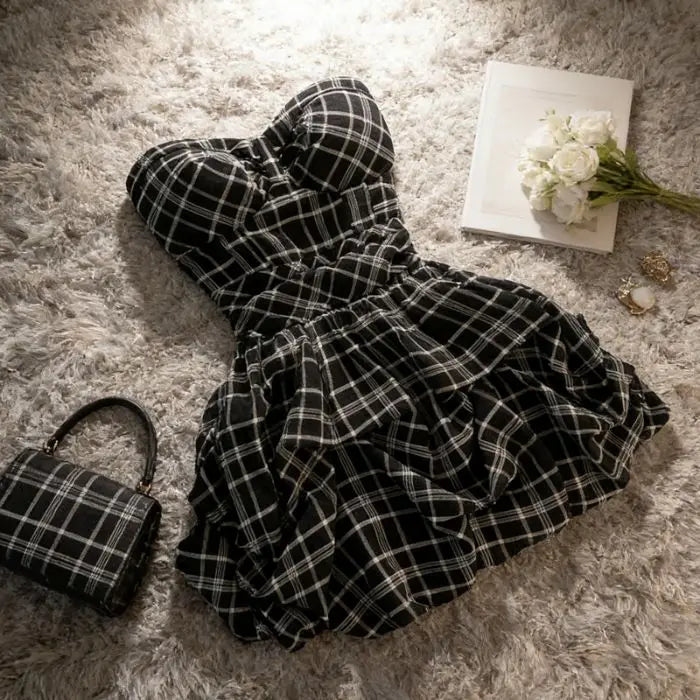 Hnewly  Summer Plaid Halter Dress Women's Small Waist Cinching Design Elegant Slimming Short Skirt Korean Style High Waist A-Line Skirt
