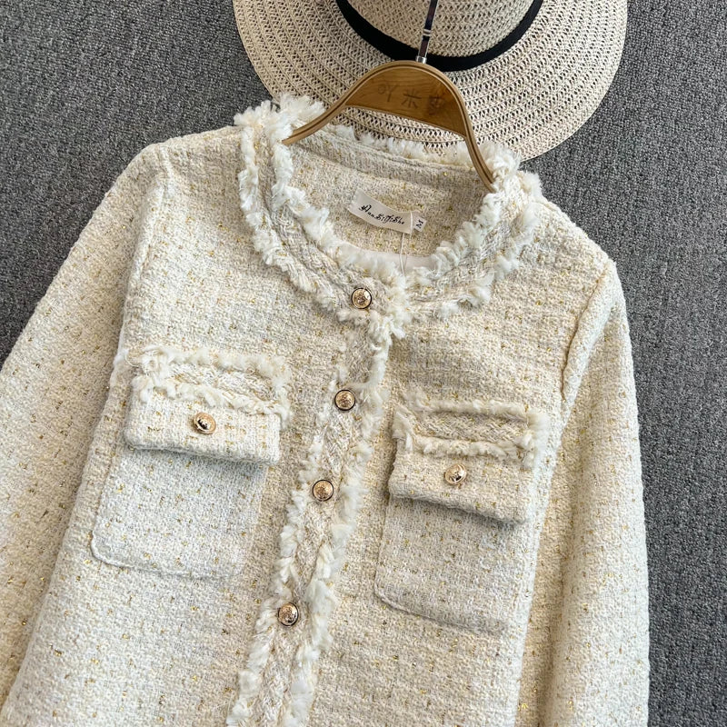 Hnewly  Woven Tweed Jacket Women Autumn Winter New Slim O-neck Single Breasted Coat Elegant Raw Edge Tassel Long Sleeve Blazer