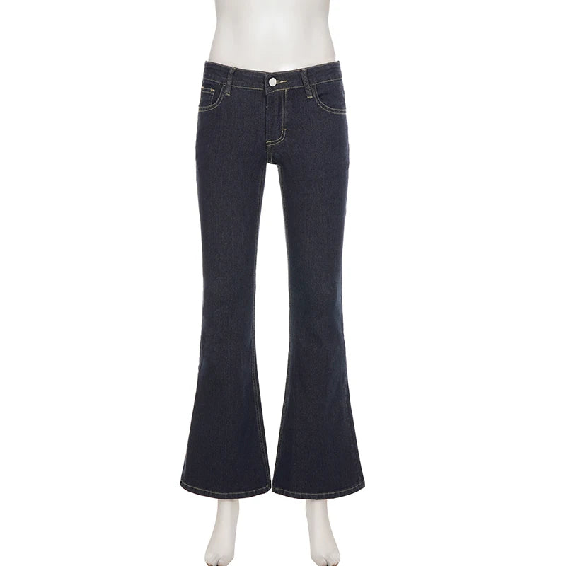 Hnewly  Dark Blue Low-Rise Slim-Fit Flare Jean Y2k Aesthetic 2000s Denim Trousers Chic Sexy Pant Casual Outfit Grunge Fairycore