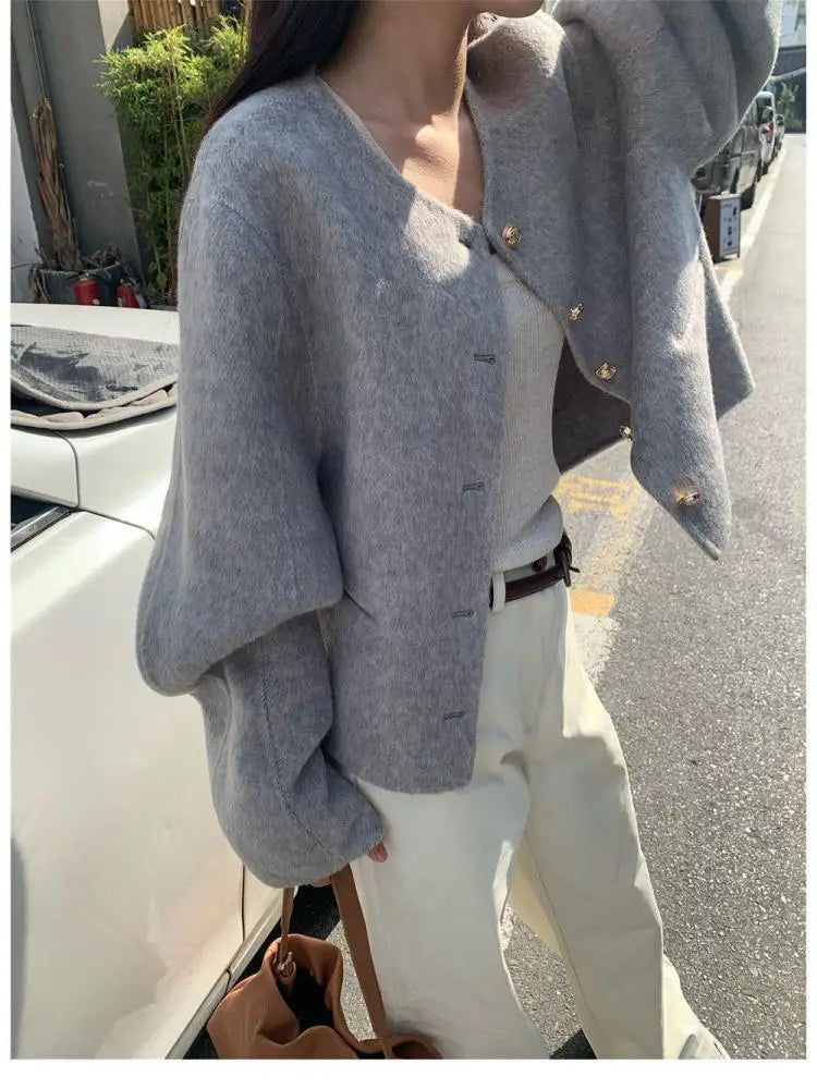Hnewly Short Woolen Jackets Autumn/Winter Korean-Style Metal Single Breasted Round Neck Loose Rabbit Hair Women Wool Coats
