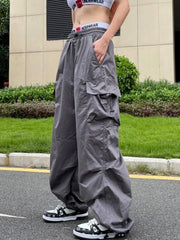 Hnewly Y2K Parachute Black Pants Women Hippie Streetwear Oversize Pockets Cargo Trousers Harajuku Wide Leg Baggy Sweatpants