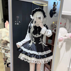 Hnewly  Lolita Style Cosplay Cute Short Sleeve Dress OP Original Summer New Bow Lace Stitching Girl's Women's Kawaii Striped Dress Set