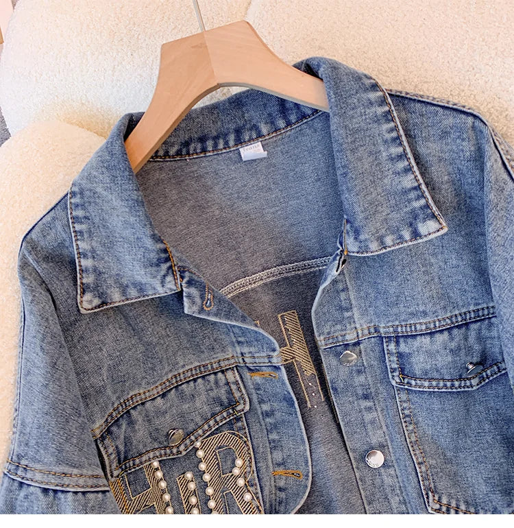 Hnewly  Nail Bead Denim Jacket For Women's Spring Autumn 2025 New Style Loose Versatile Long Sleeved  Turndown Collar Coat Top
