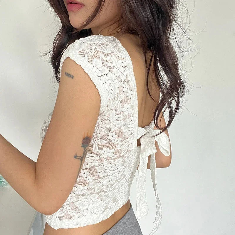 Hnewly Y2K Lace Patchwork Women T Shirt French Sexy Backless Lace-Up Short Sleeve White Crop Tops Female Summer Slim Bottoming Tees