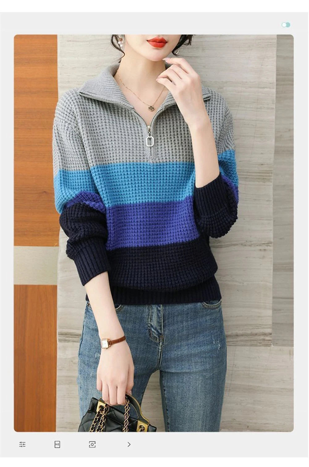 Hnewly  Knitted Stripe Sweater Women's Lapel V-neck Autumn Winter 2025 New Contrast Color Versatile Knitwear Long Sleeve Pullover Tops