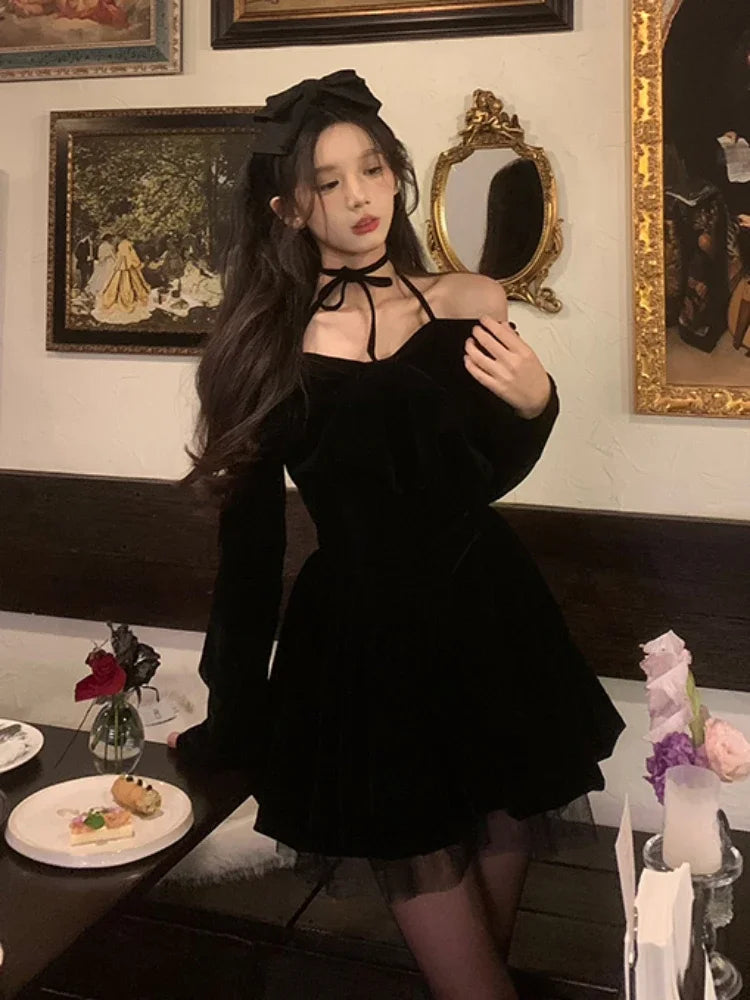 Hnewly holiday dress Winter Vintage Red Velvet Short Party Dress Woman Bow Elegant Y2k Mini Dress Lolita Kawaii One Piece Dress Korean Fashion