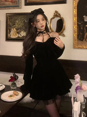 Hnewly holiday dress Winter Vintage Red Velvet Short Party Dress Woman Bow Elegant Y2k Mini Dress Lolita Kawaii One Piece Dress Korean Fashion