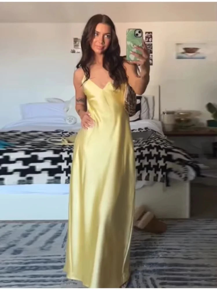 Hnewly Women Summer Yellow Stain V Neck Sling Dress Elegant Sleeveless Loose Maxi Robes 2025 New Ladies Party Holiday Dresses