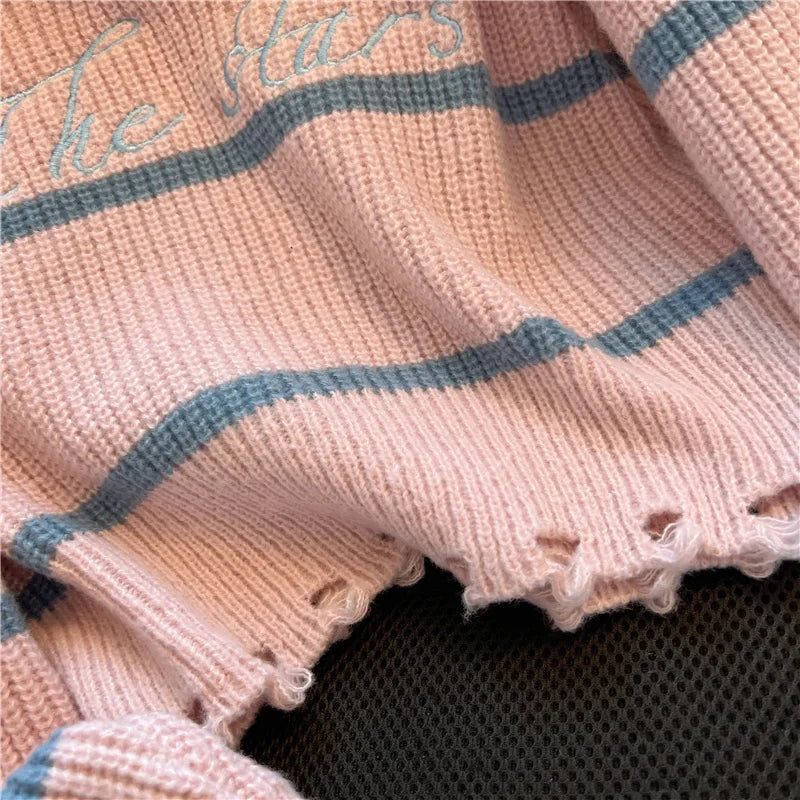 Hnewly  Short Sweater Women's Autumn Winter 2025 New Stripe Hollow Out Fashion Star Letter Knitwear Long Sleeve Top Thicked Pullover