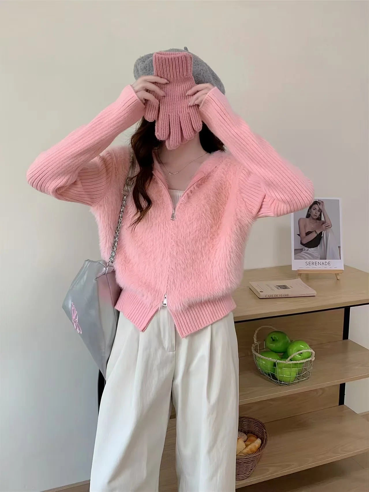 Hnewly  Fuzzy Sweater Hoodie Zip-Up Mohair-Knit Cardigan Women Long Sleeve Hooded Crop Top Knitwear Fall Winter Teen-girl Y2K Outfit